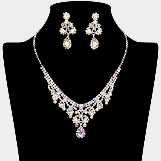 Teardrop Stone Pointed Rhinestone Paved Flower Embellished Necklace