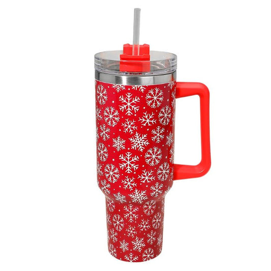 Snowflake Pattern Printed Holiday 40oz Stainless Steel Tumbler with Handle