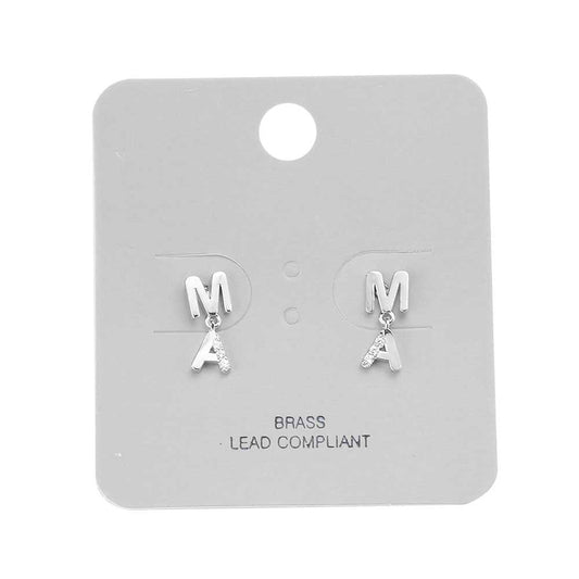 Brass Metal Rhinestone Embellished MAMA Stud Dangle Earrings