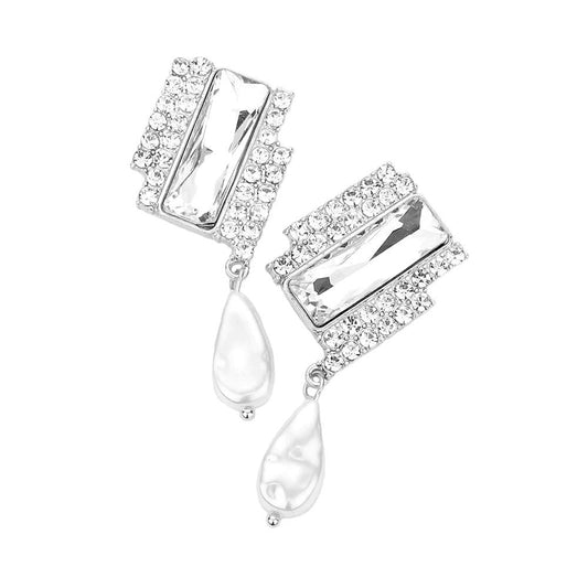Rectangle Stone  Freshwater Pearl Dangle Evening Earrings