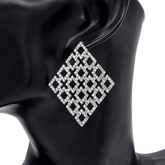 Rhinestone Embellished Diamond Shaped Metal Hoop Earrings