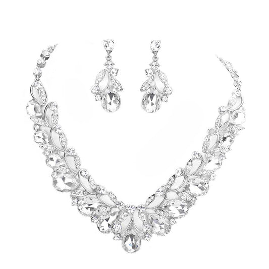 Teardrop Accented Stone Embellished Leaf Evening Necklace