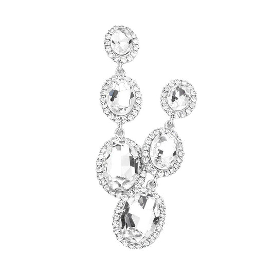 Triple Oval Glass Stone Drop Down Dangle Evening Earrings
