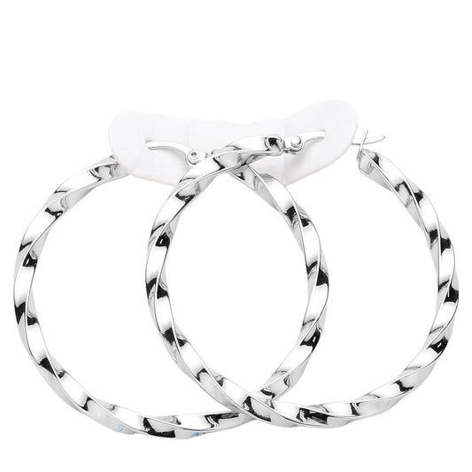 Twisted Stainless Steel Hoop Pin Catch Earrings