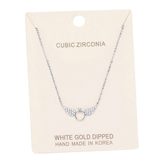 White Gold Dipped Cubic Zirconia Wings Pendant Necklace