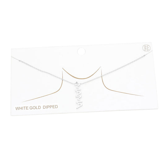 White Gold Dipped Mama Metal Message Pendant Necklace