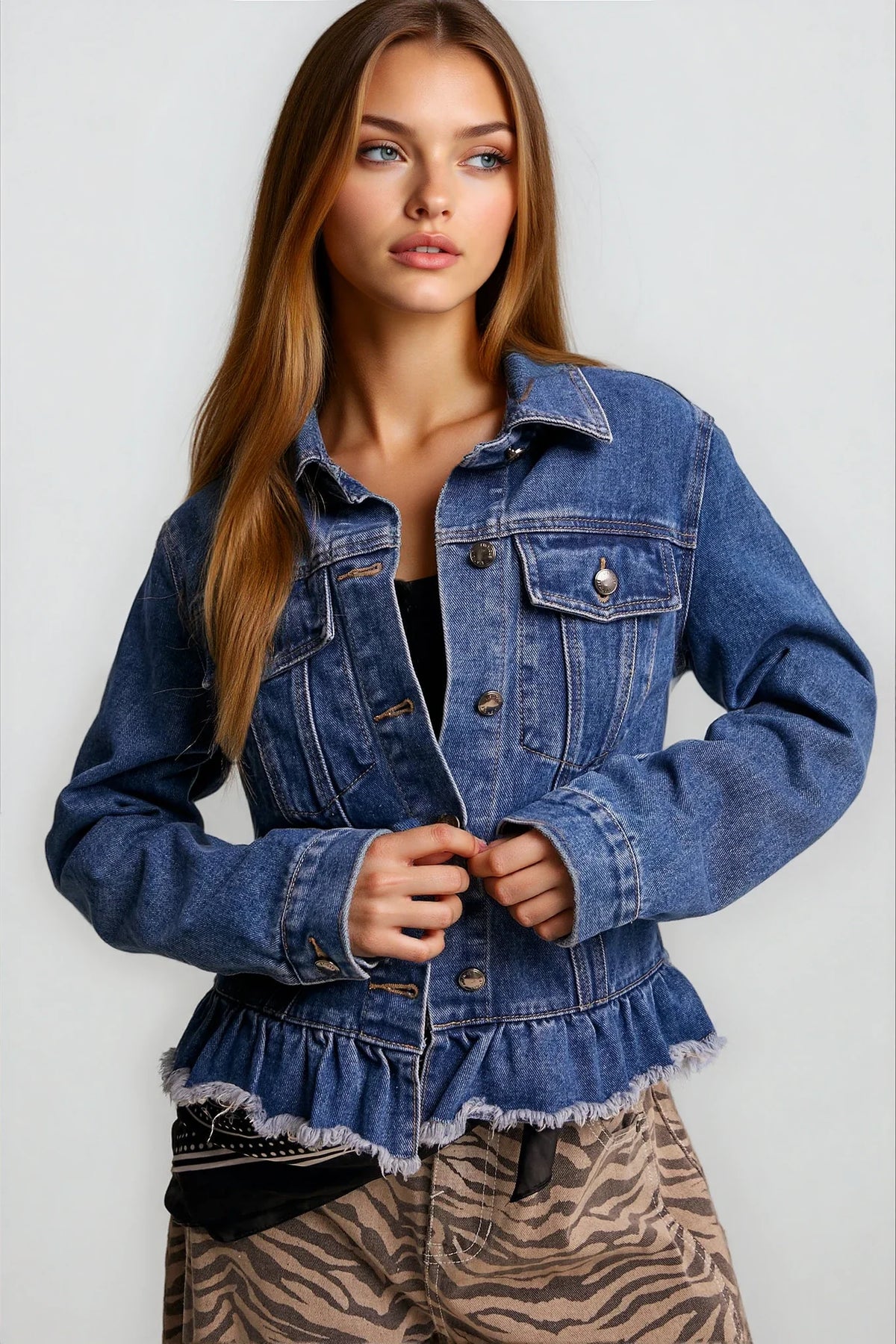 Ruffled Hem Denim Jacket