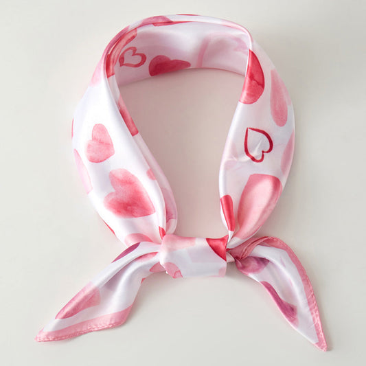 Heart Pattern Printed Square Silky Satin Bandana Scarf