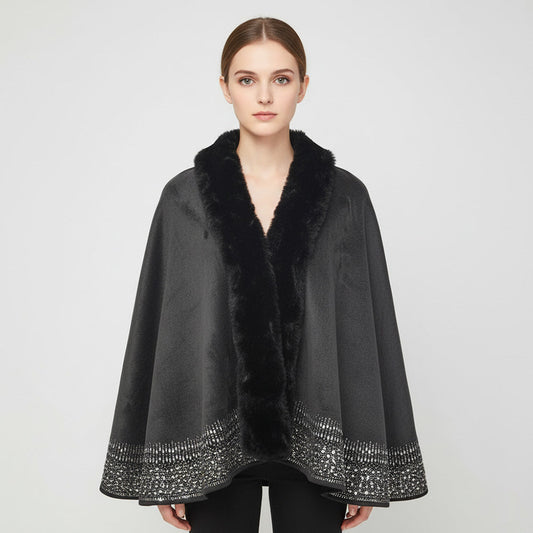 Faux Fur Trim Rhinestone Embellished Hem Poncho Shawl