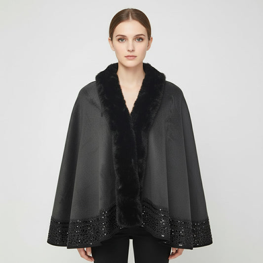 Faux Fur Trim Rhinestone Embellished Hem Poncho Shawl