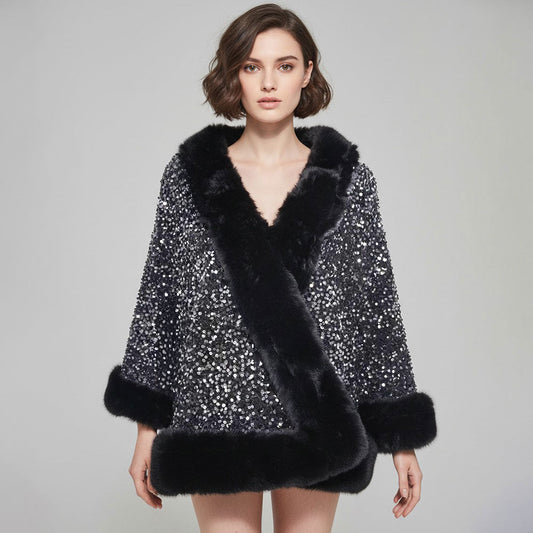 Festive Sequin Faux Fur Trim Shawl Poncho