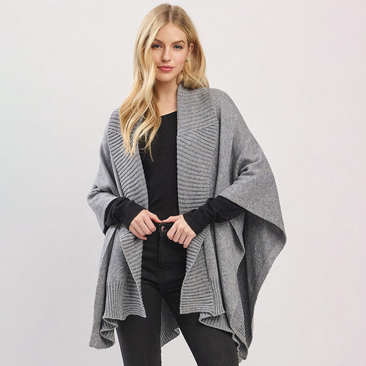 Ribbed Trim Open Front Soft Knit Shawl Cape Poncho