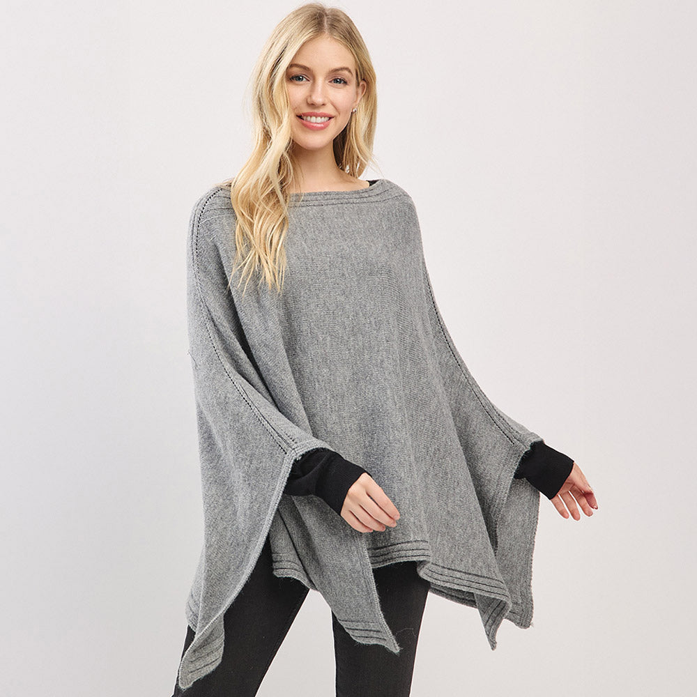 Clean Edge Wide Sleeves Solid Knit Poncho