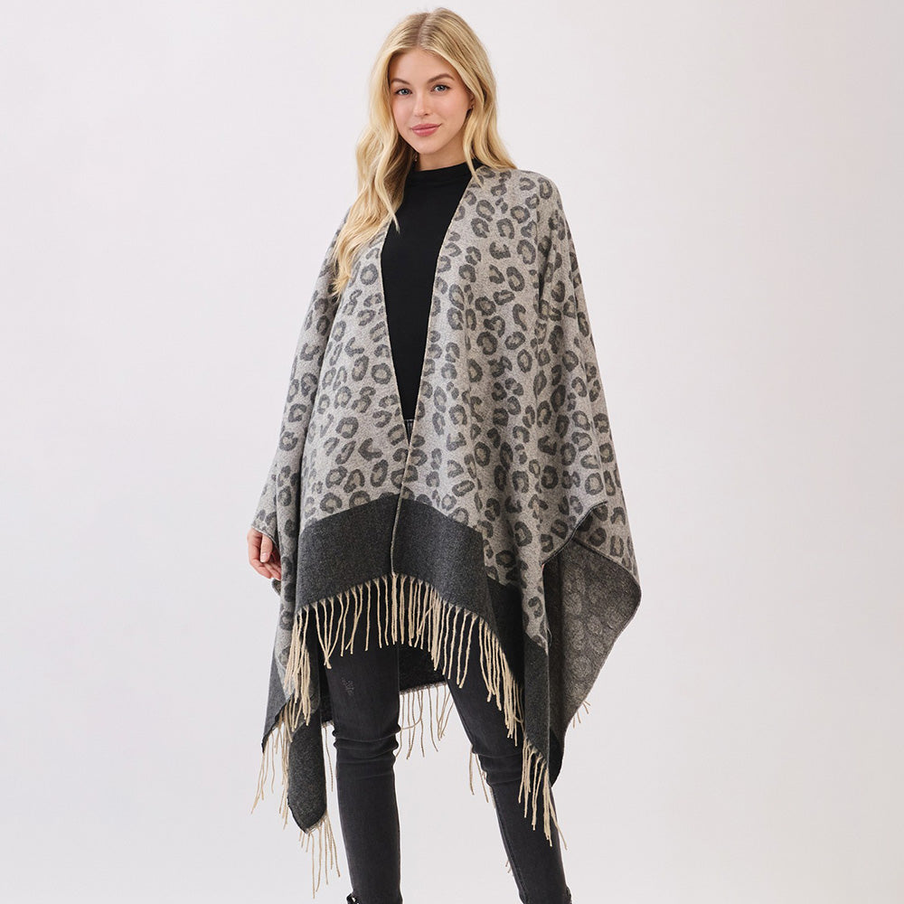 Leopard Pattern Fringe Poncho Wrap