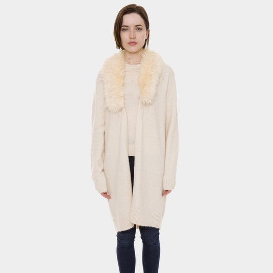 Faux Fur Collar Solid Color Cardigan