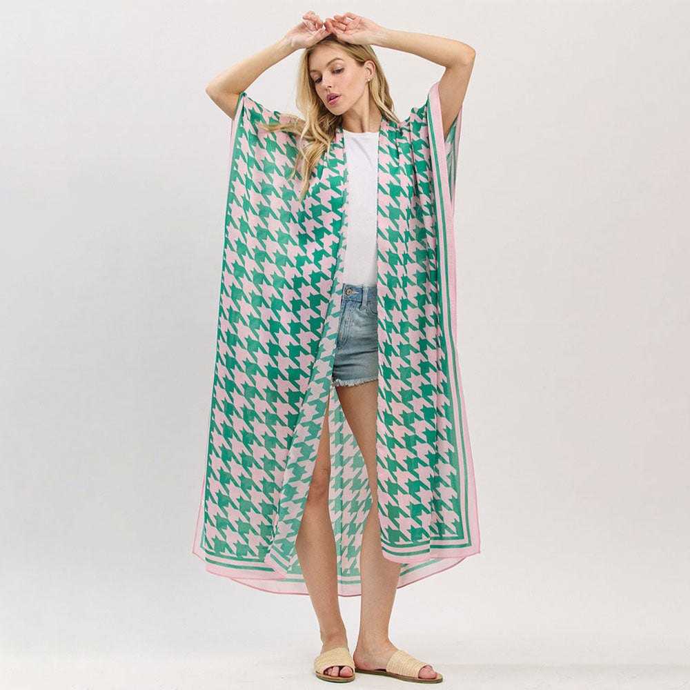 Houndstooth Print Open Front Long Kimono Poncho