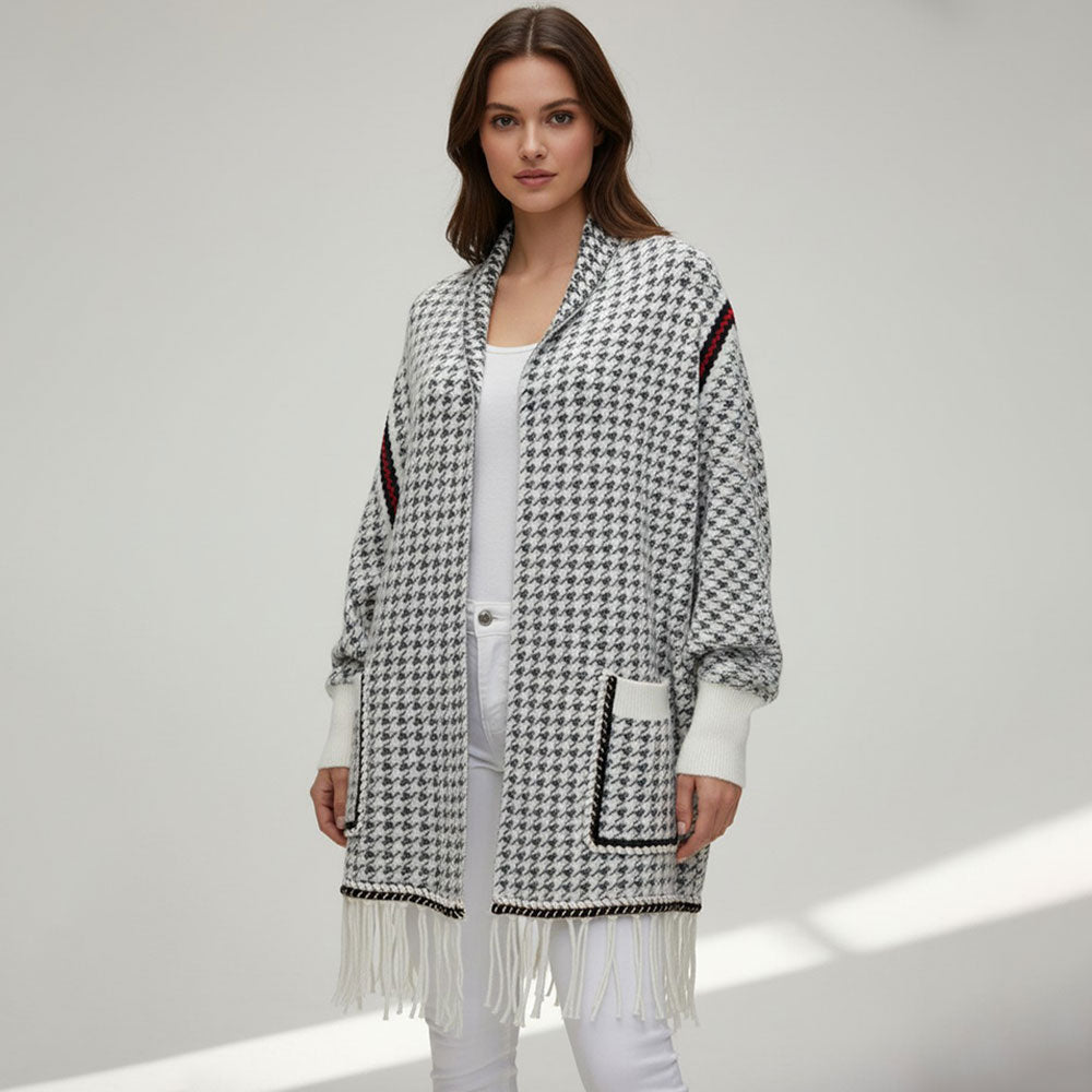Open Front Houndstooth Fringe Knit Poncho