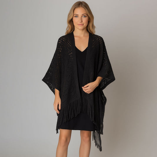 Fringe Open Knit Crochet Draped Shawl Wrap Ruana Poncho