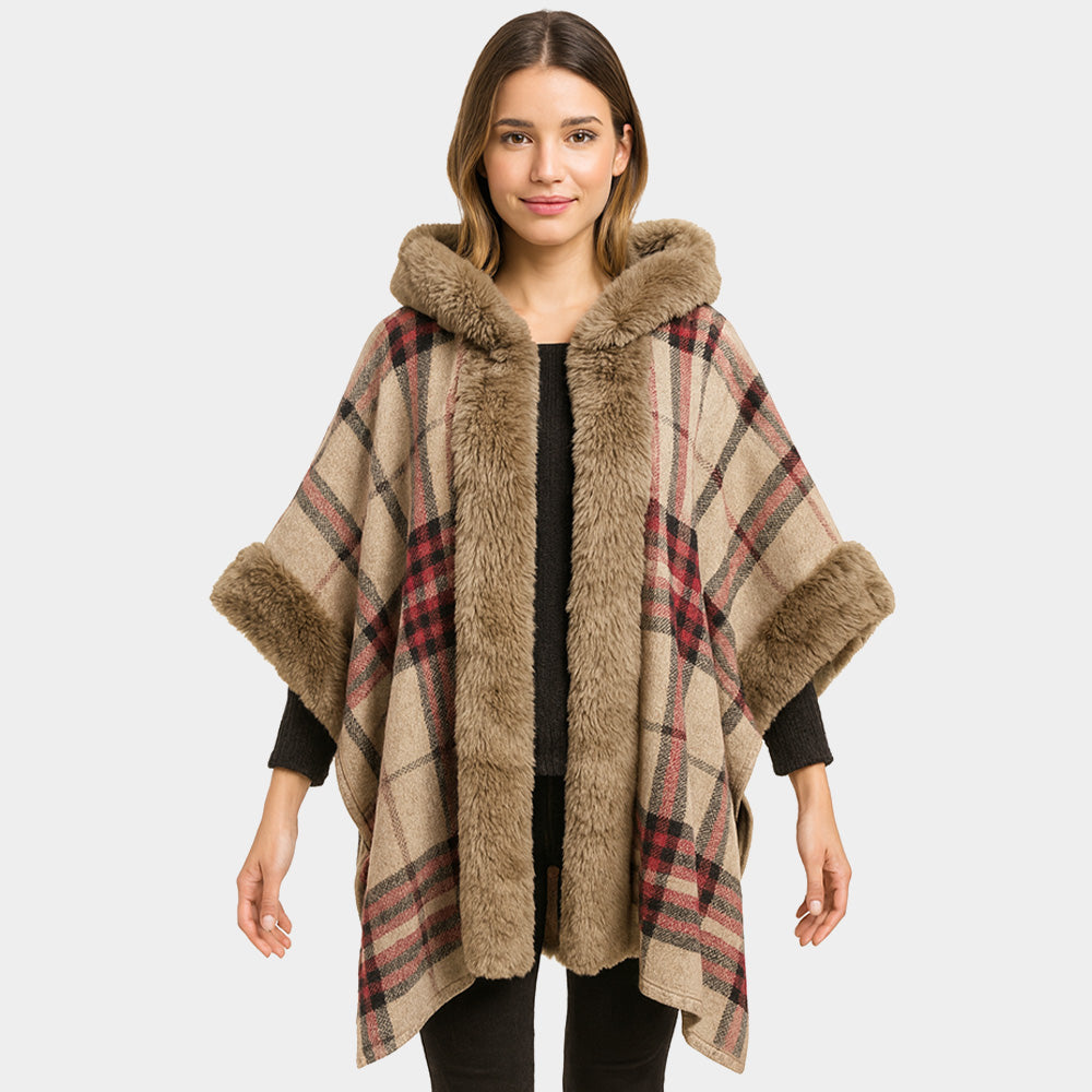 Faux Fur Trim Plaid Check Cape Coat Poncho