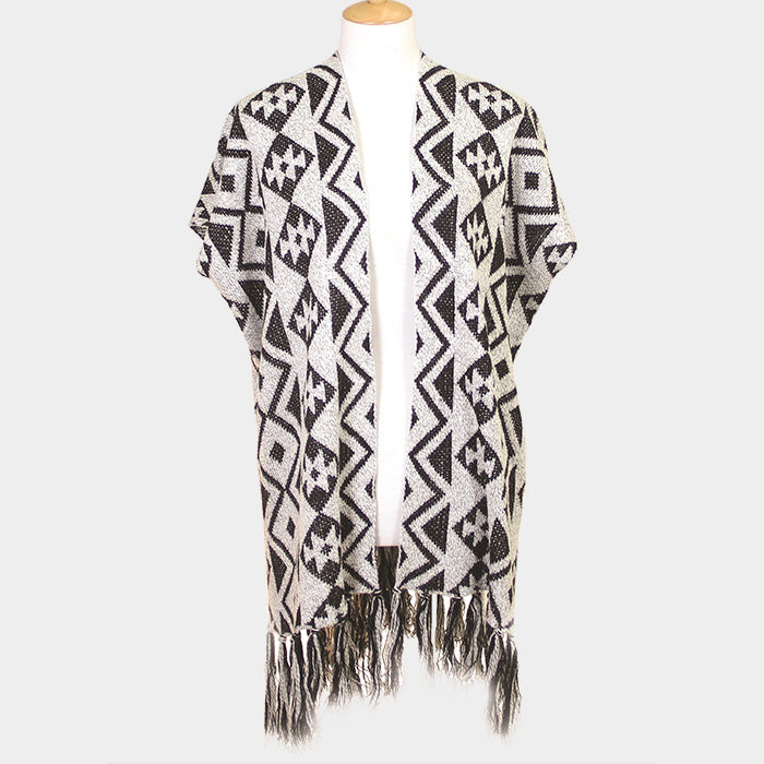 Geometric Pattern Fringe Edge Angora Poncho