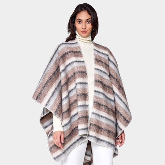 Cozy Striped Three Tone Ruana Poncho