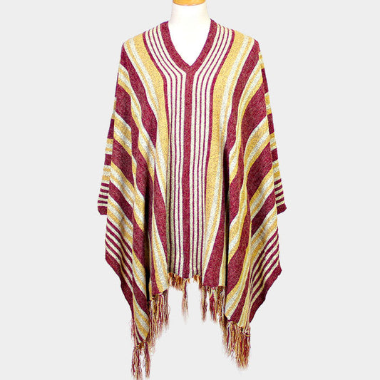 STRIPED FRINGE EDGE PONCHO SWEATER
