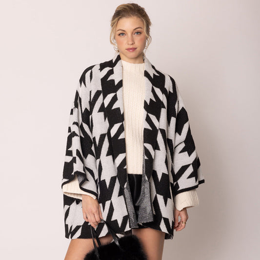 Open Front Houndstooth Knit Pattern Cardigan