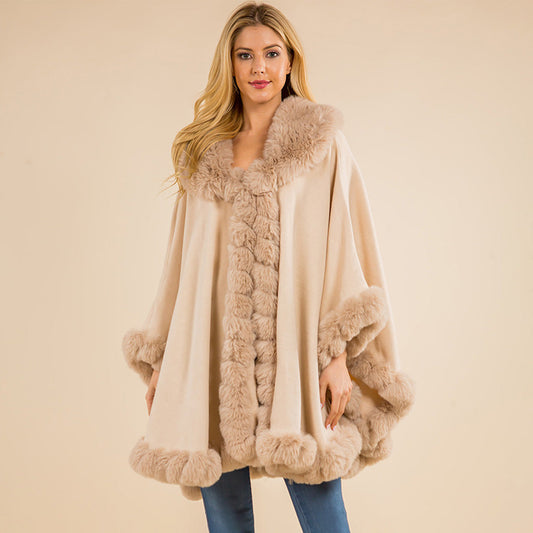 Faux Fur Trim Flowing Shawl Cape Poncho