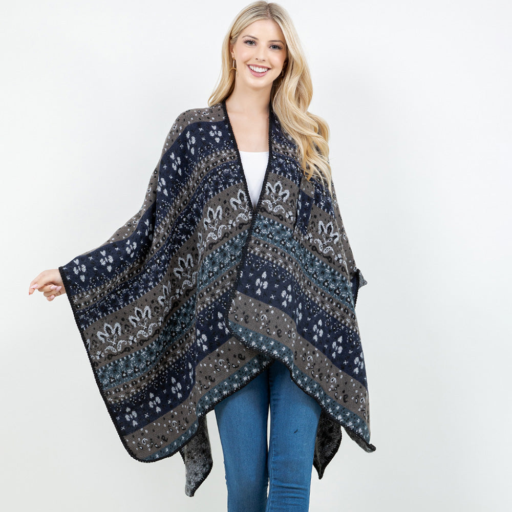 Open Front Bohemian Pattern Shawl Wrap with Loop