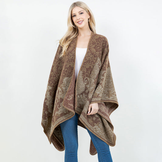 Open Front Baroque Floral Border Print Shawl Wrap Poncho with Loop