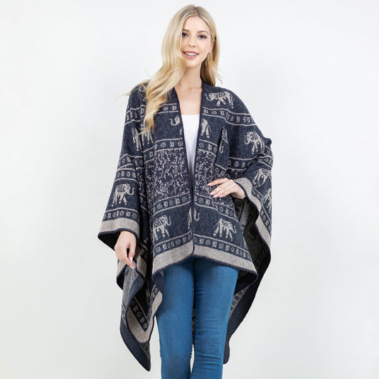 Open Front Elephant Pattern Print Shawl Wrap Poncho with Loop
