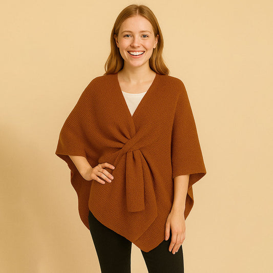 Front Tie Textured Knit Wrap Shawl Poncho