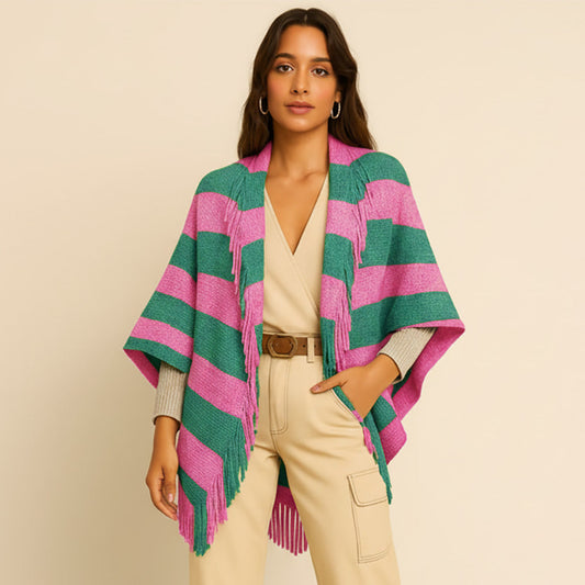 Open Front Striped Fringe Cocoon Shawl Wrap