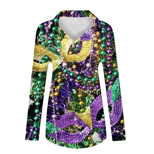 ๐ญ Mardi Gras Women's V-Neck Long Sleeve Carnival Print Shirt