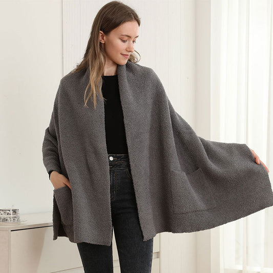 Open Front Pocketed Shawl Cardigan