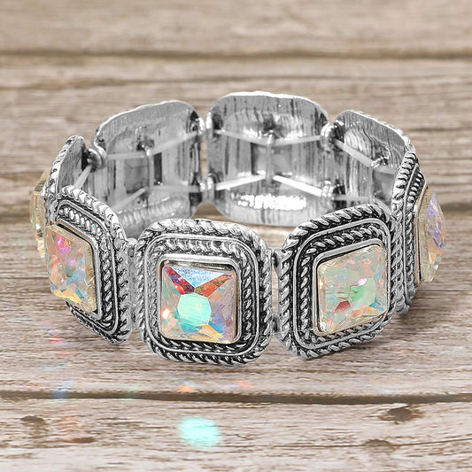 Vintage Square Stone Cluster Beaded Stretch Bracelet
