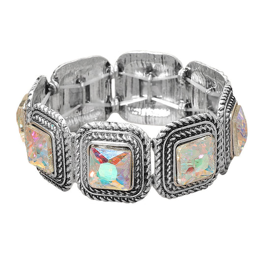 Vintage Square Stone Cluster Beaded Stretch Bracelet