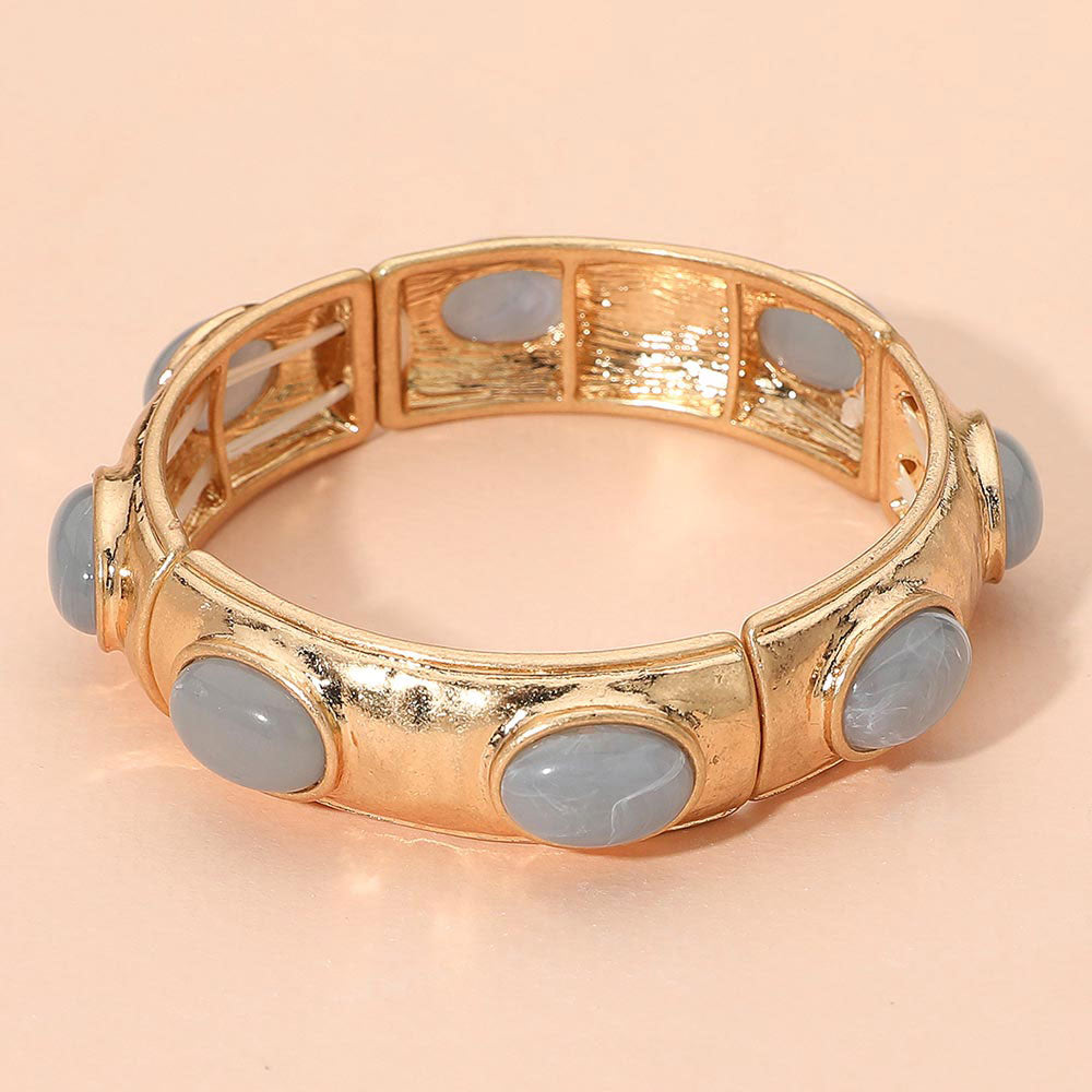 Marbled Oval Stone Accent Hammered Metal Beaded Stretch Bracelet