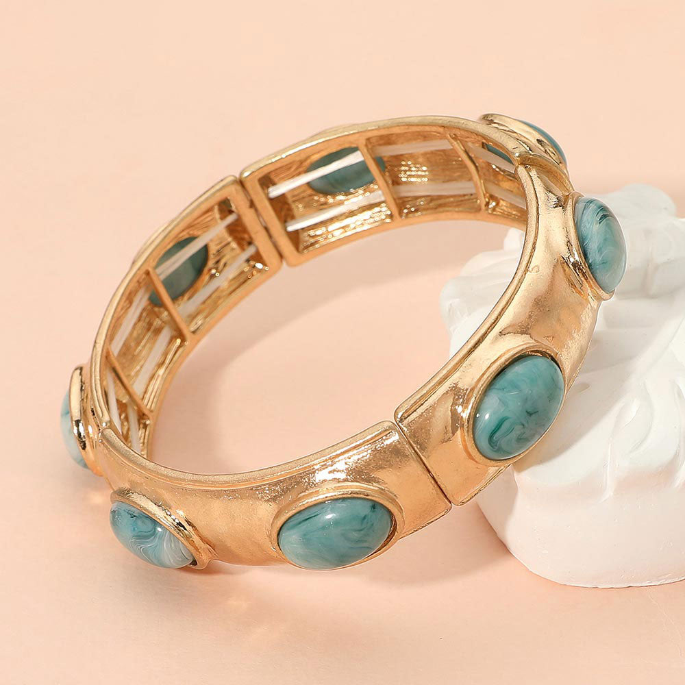 Marbled Oval Stone Accent Hammered Metal Beaded Stretch Bracelet