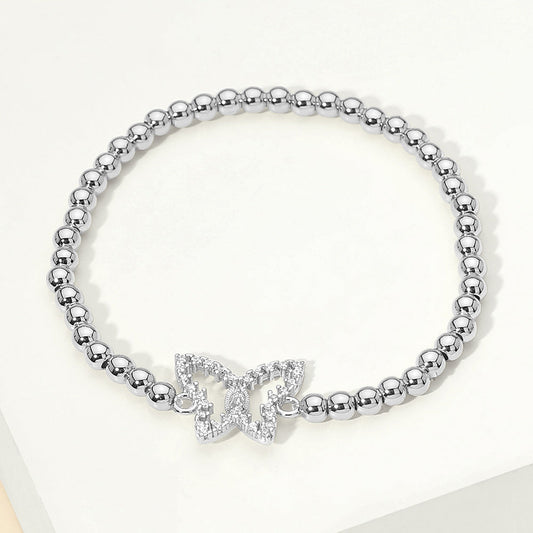 Stainless Steel CZ Stone Paved Butterfly Charm Beaded Stretch Bracelet