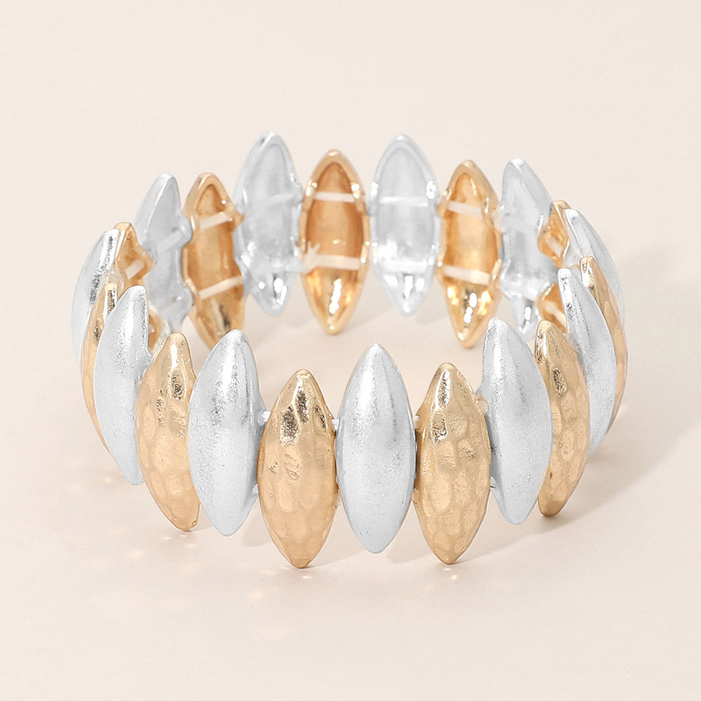 Bold Hammered Metal Marquise Beaded Stretch Bracelet