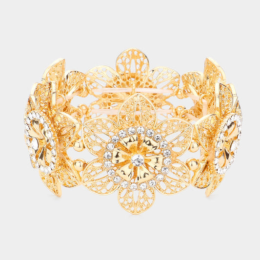 Rhinestone Embellished Cutout Metal Flower Stretch Bracelet