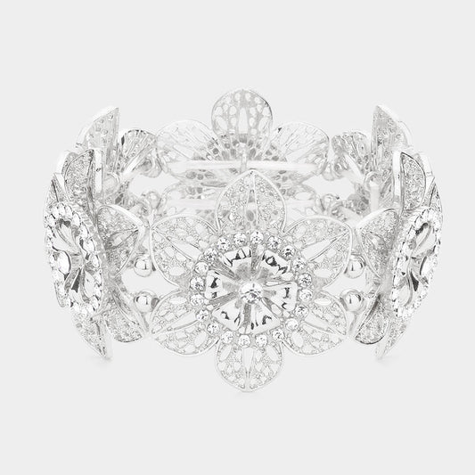 Rhinestone Embellished Cutout Metal Flower Stretch Bracelet