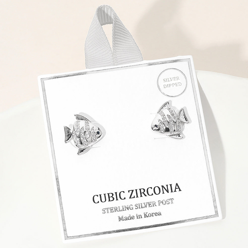 Silver Dipped CZ Stone Paved Fish Stud Earrings