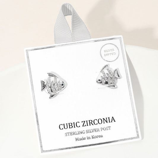 Silver Dipped CZ Stone Paved Fish Stud Earrings
