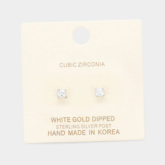 White Gold Dipped 3mm Cubic Zirconia Square Stud Earrings