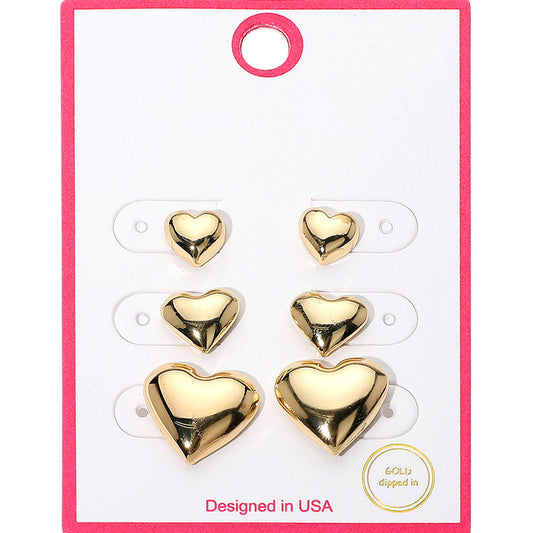 3Pairs - Gold Dipped Graduated Size Metal Puffy Heart Stud Earrings