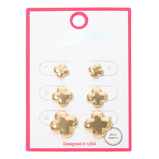 3Pairs - Gold Dipped Metal Quatrefoil Stud Earring Set