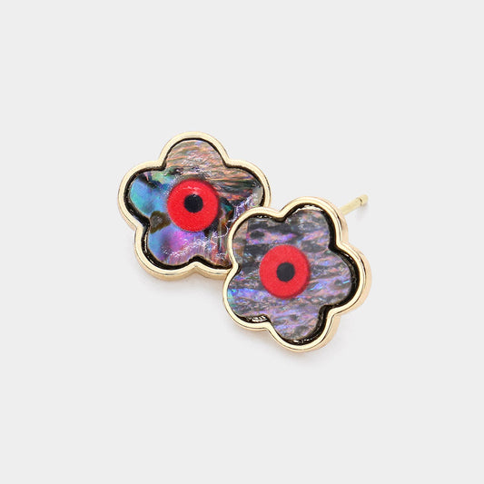 Brass Metal Trimmed Evil Eye Accented Abalone Flower Stud Earrings