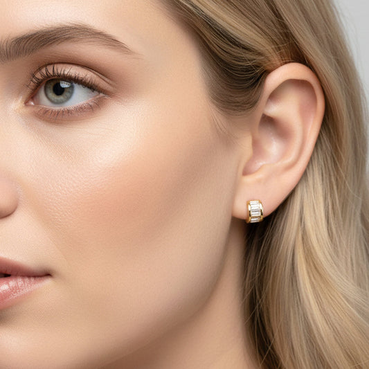 14K Gold Dipped Baguette CZ Inlay Mini Half Hoop Stud Earrings